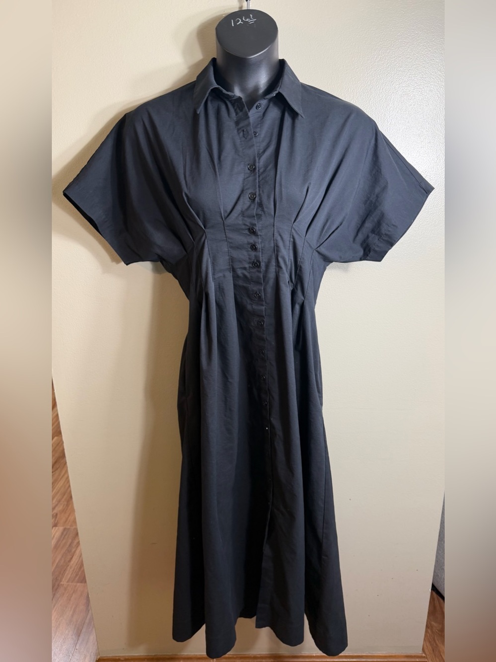 Exquise Tobie Black Pleated Shirt Midi Dress Medium Quiet Luxury